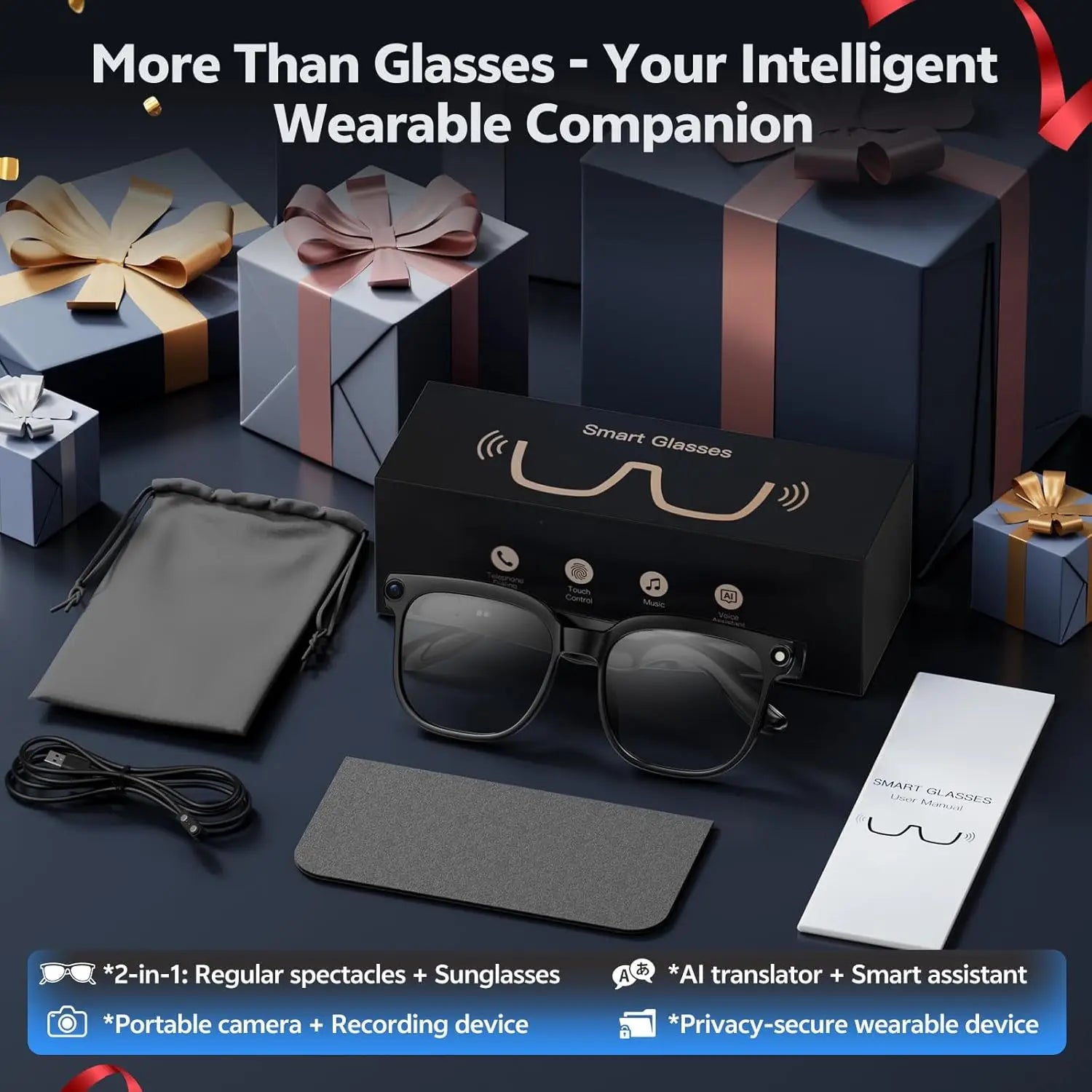 Smart 4K Camera Glasses with AI Translation and Bluetooth