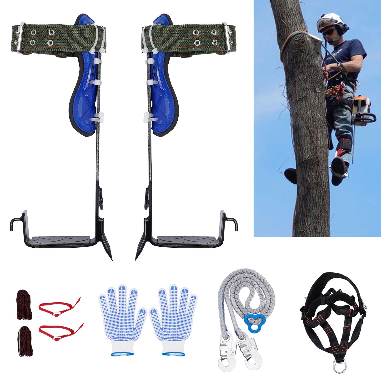 Tree Climbing Spike Kit with Harness and Adjustable Spurs